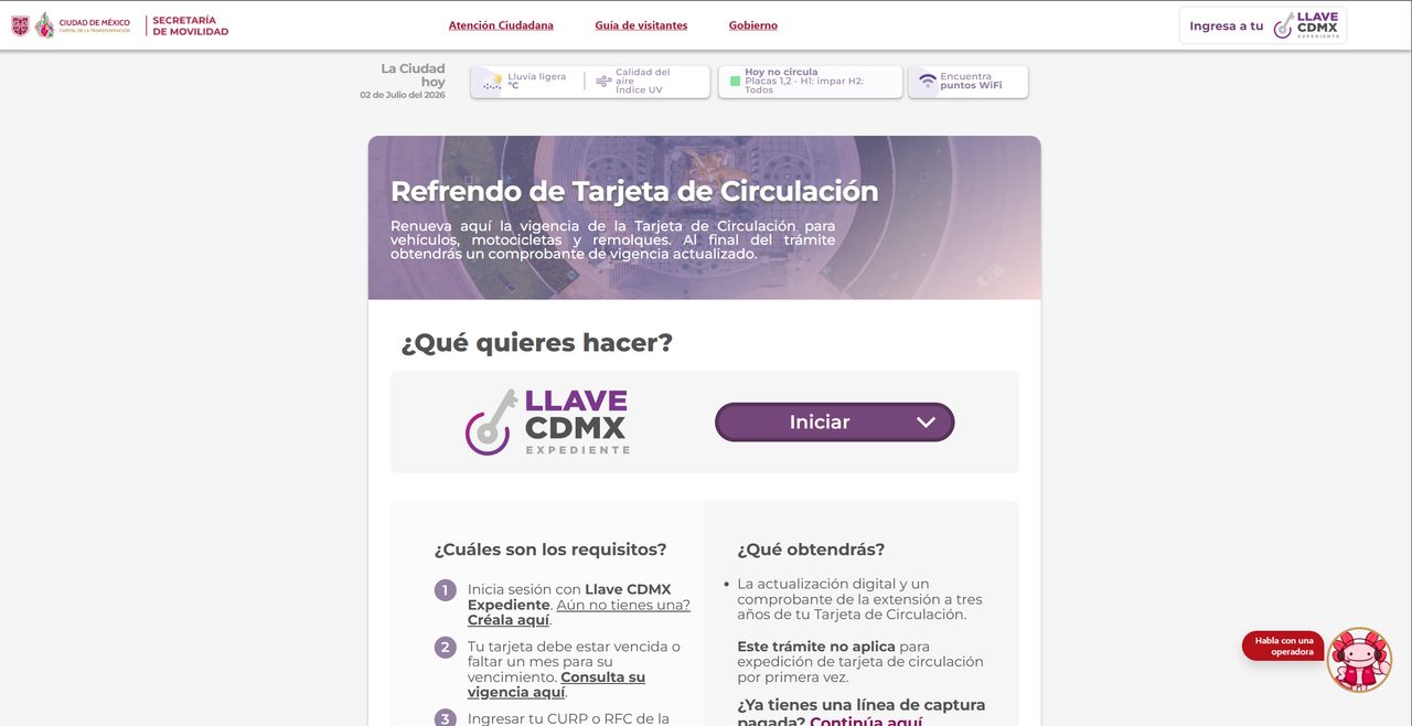 Portal de la CDMX 'Refrendo de Tarjeta de Circulación' con acceso Llave CDMX