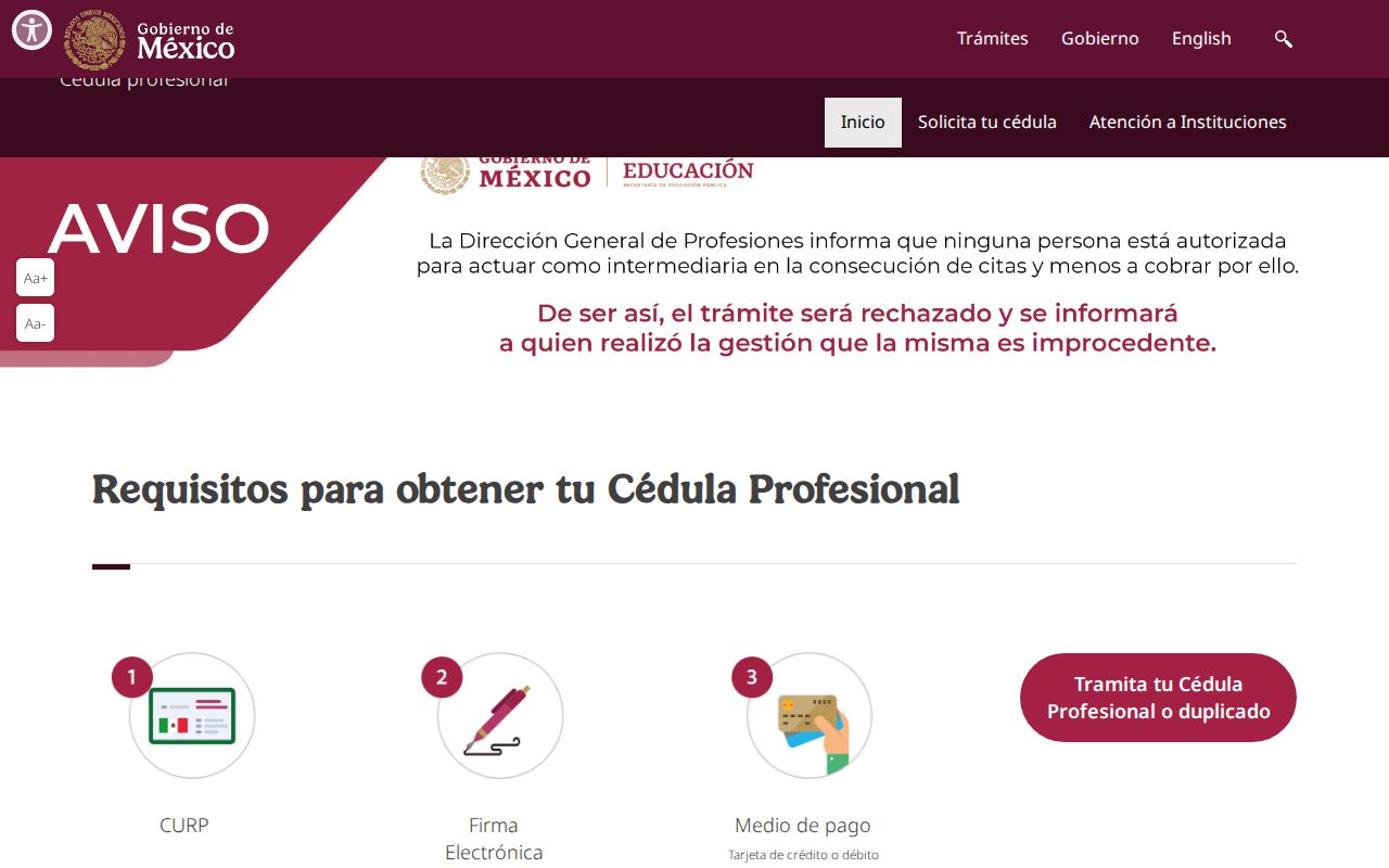 Portal oficial de Cédula Profesional de la SEP con los requisitos CURP, firma electrónica y medio de pago