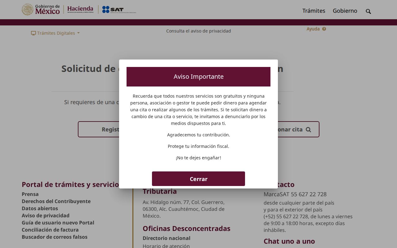 Portal oficial Cita SAT (citas.sat.gob.mx) con el aviso de que todos los servicios son gratuitos