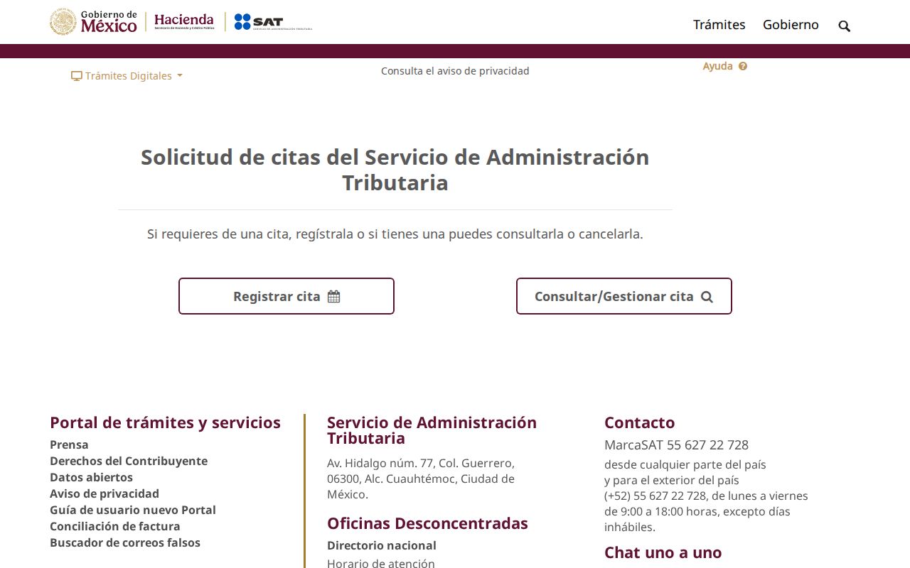 Pantalla de solicitud de cita en el SAT con los botones Registrar cita y Gestionar cita