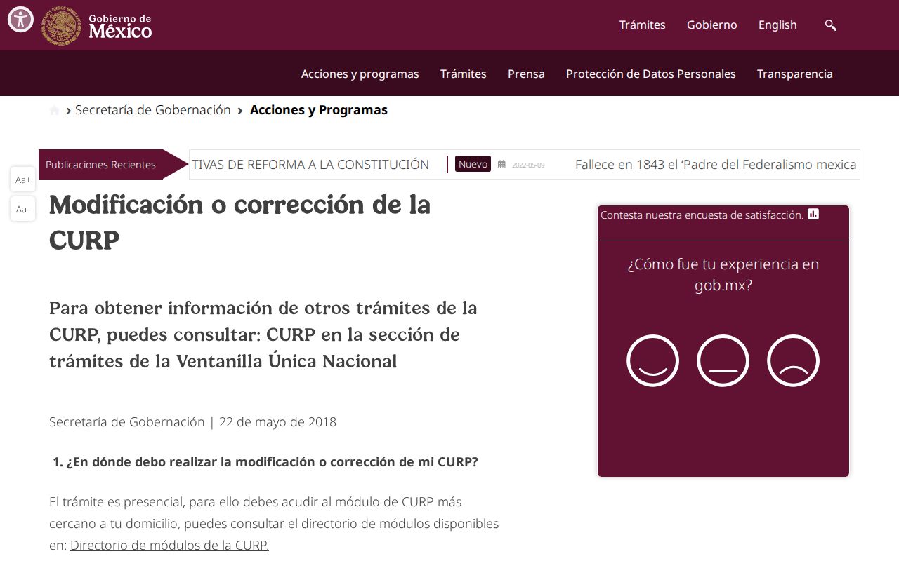Página oficial de SEGOB sobre modificación o corrección de la CURP