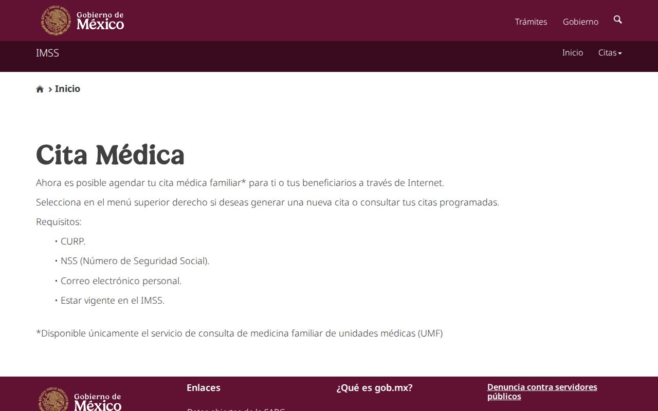 Página oficial de Cita Médica digital del IMSS