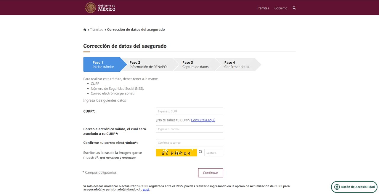 Formulario oficial del IMSS 'Corrección de datos del asegurado' con Paso 1 al 4