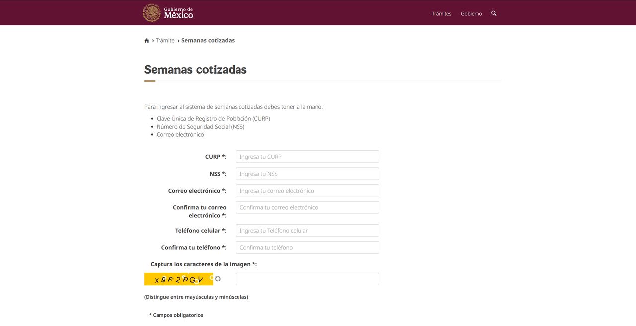 Formulario oficial del IMSS 'Semanas Cotizadas' con captura de CURP y NSS