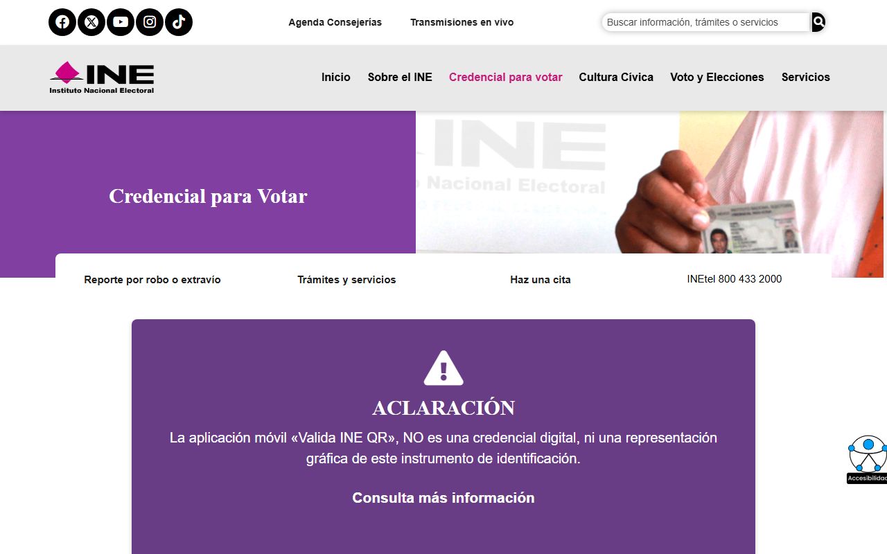 Página oficial del INE 'Credencial para Votar' con el aviso sobre la app Válida INE QR