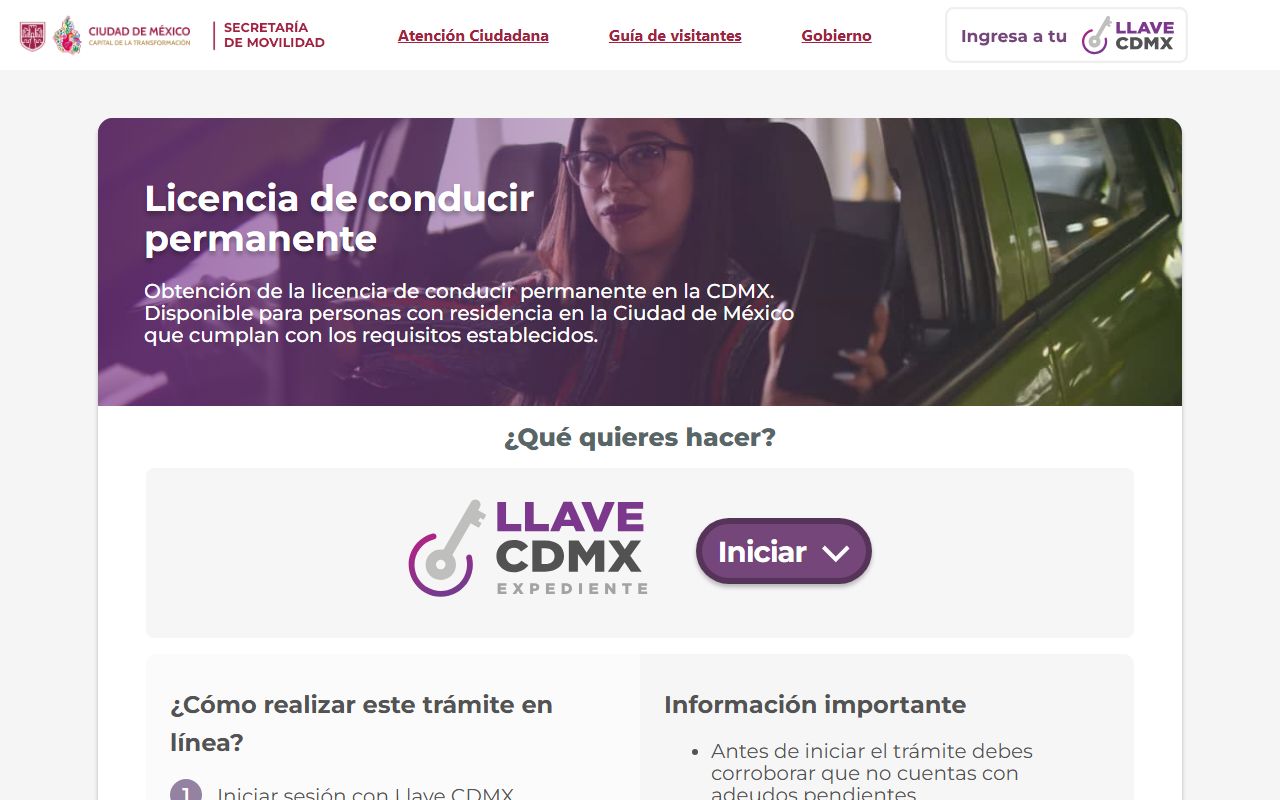 Portal de la Licencia de Conducir Permanente de la CDMX con acceso Llave CDMX