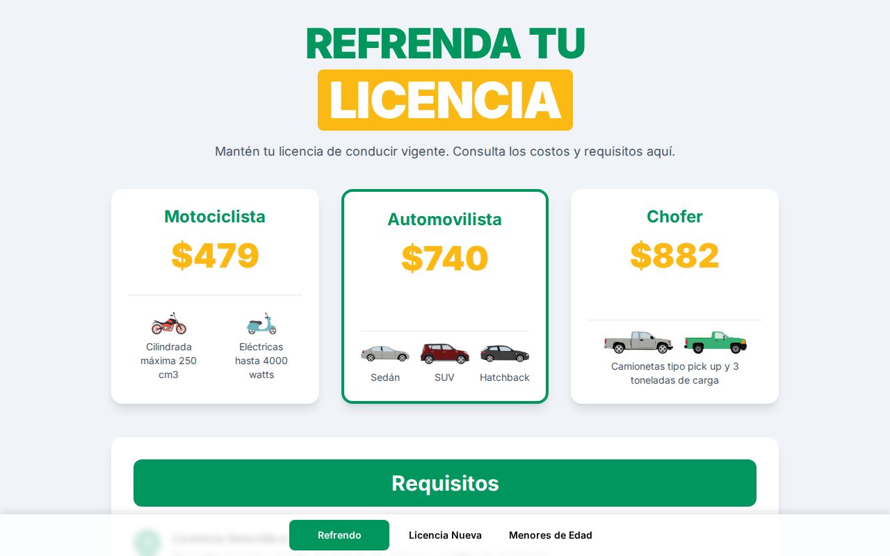 Portal Mi Licencia de Jalisco mostrando los costos de refrendo: motociclista $479, automovilista $740, chofer $882
