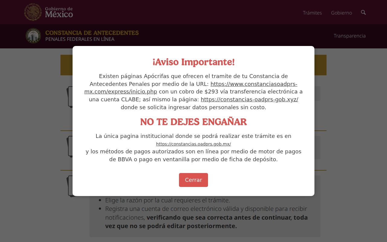 Portal oficial constancias.oadprs.gob.mx con el aviso 'No te dejes engañar' sobre páginas apócrifas
