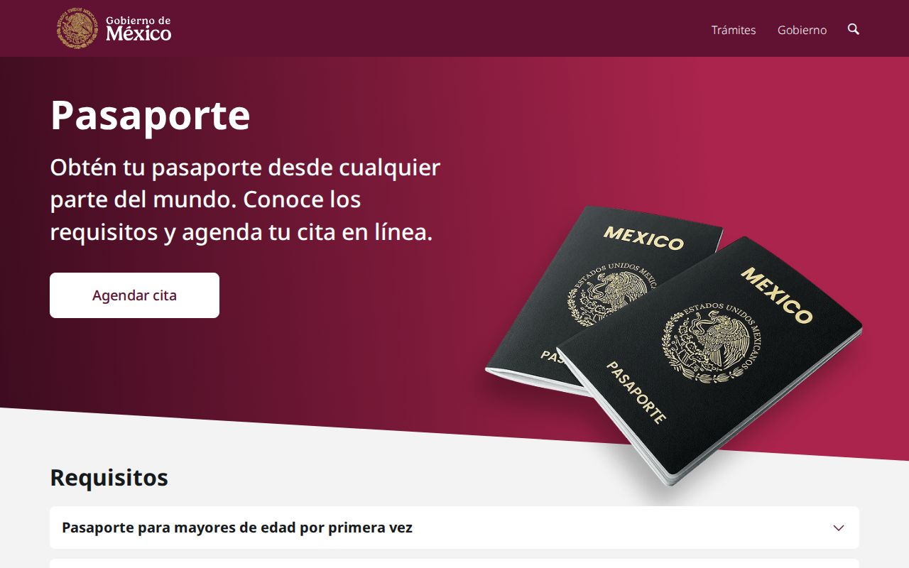 Portal oficial gob.mx/pasaporte con el botón Agendar cita y la sección de requisitos