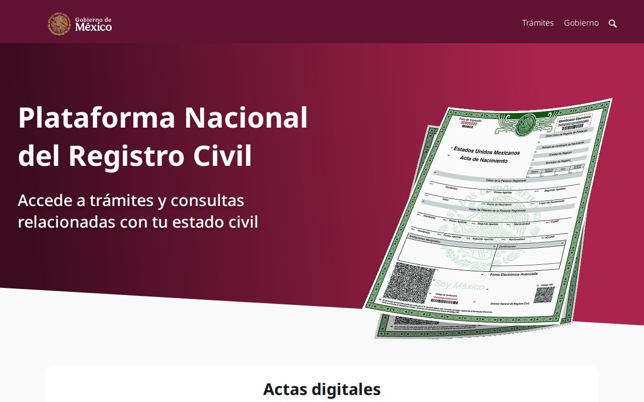 Plataforma Nacional del Registro Civil (miregistrocivil.gob.mx) con la sección de actas digitales