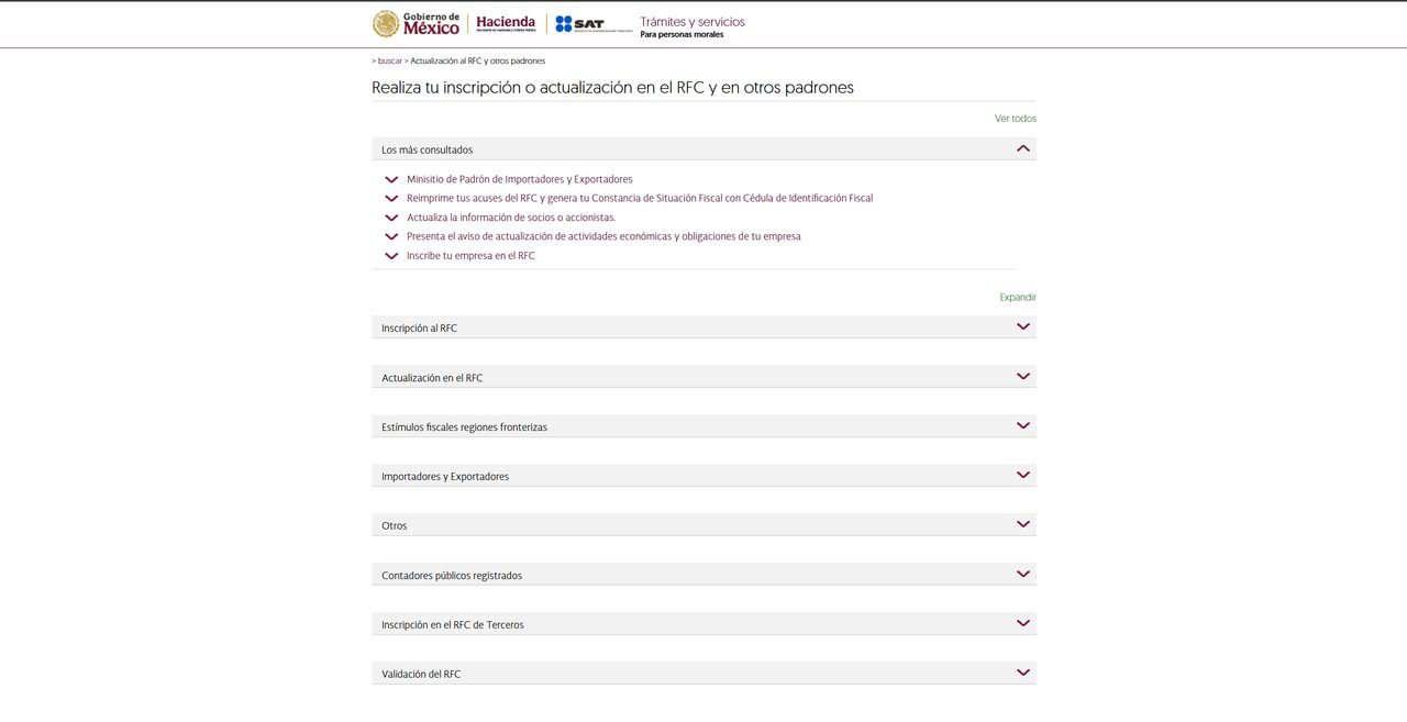 Portal del SAT 'Realiza tu inscripción o actualización en el RFC y otros padrones'