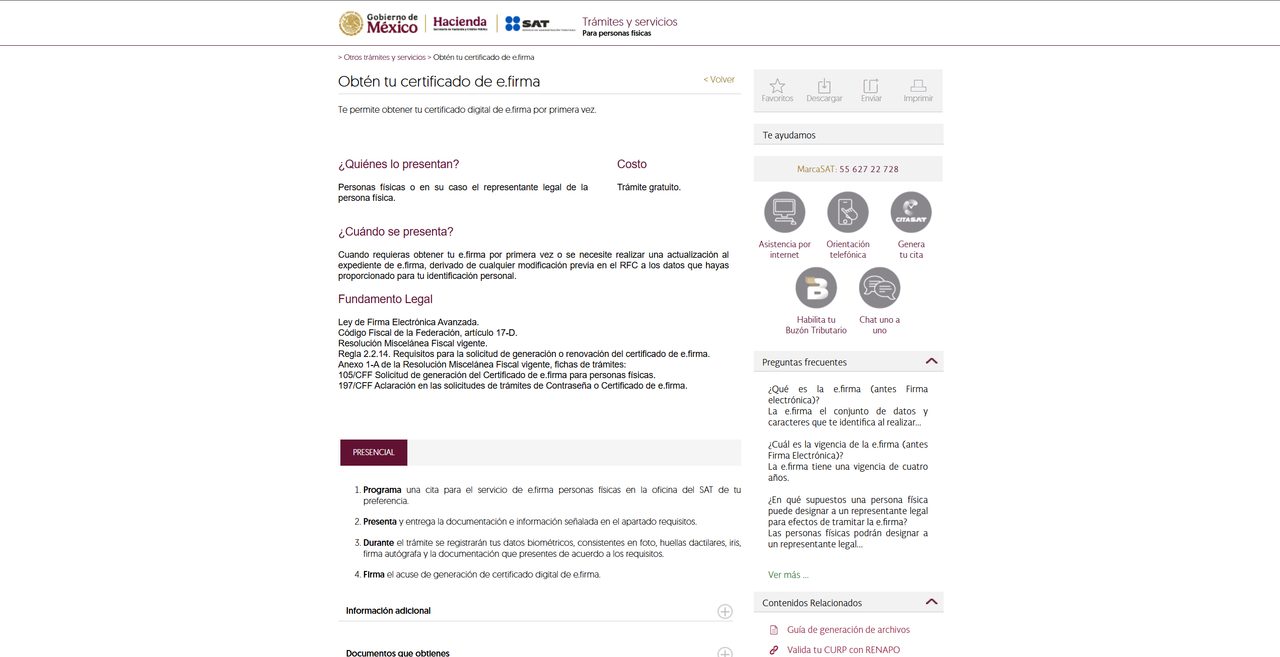 Página oficial del SAT para obtener el certificado de e.firma
