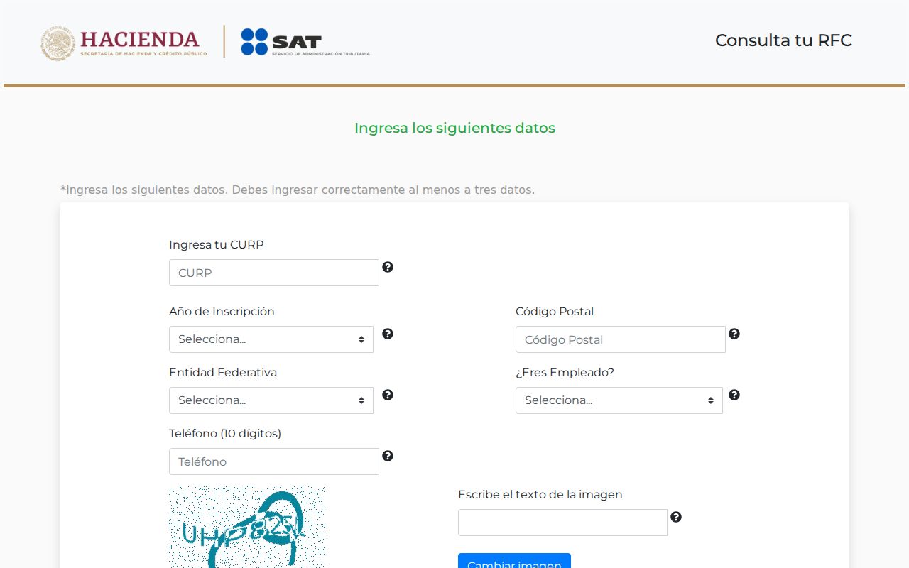 Formulario oficial 'Consulta tu RFC' del SAT donde se captura la CURP y datos adicionales