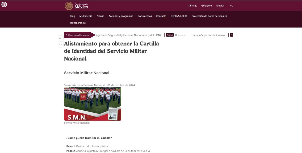 Página oficial de SEDENA sobre el alistamiento para la Cartilla del Servicio Militar Nacional